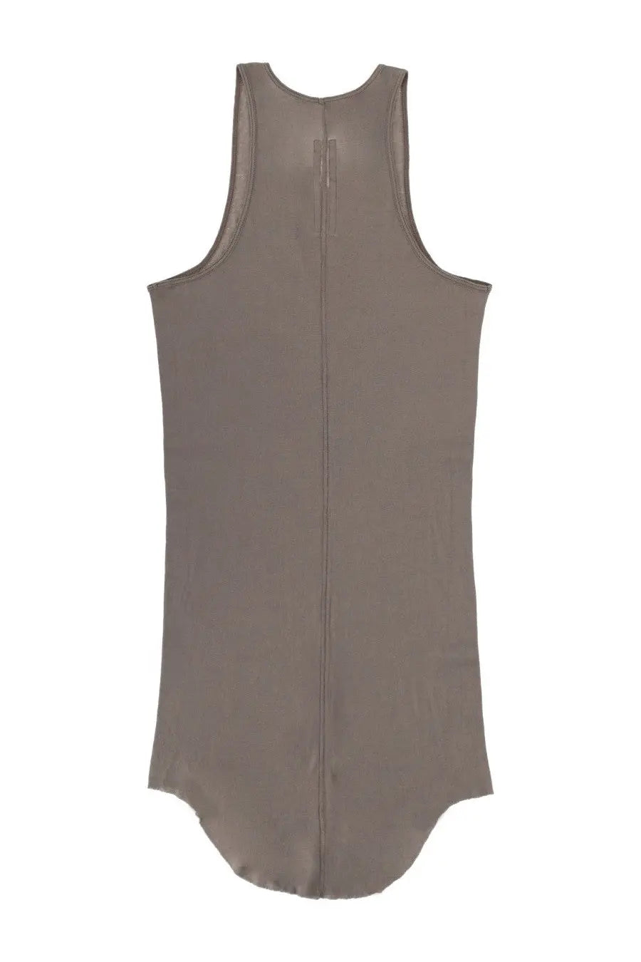 Back view of a sleek taupe sleeveless dress with a central zipper in rick owens mens cotton tops grey collection