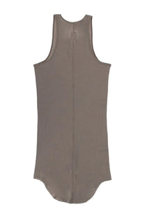 Back view of a sleek taupe sleeveless dress with a central zipper in rick owens mens cotton tops grey collection