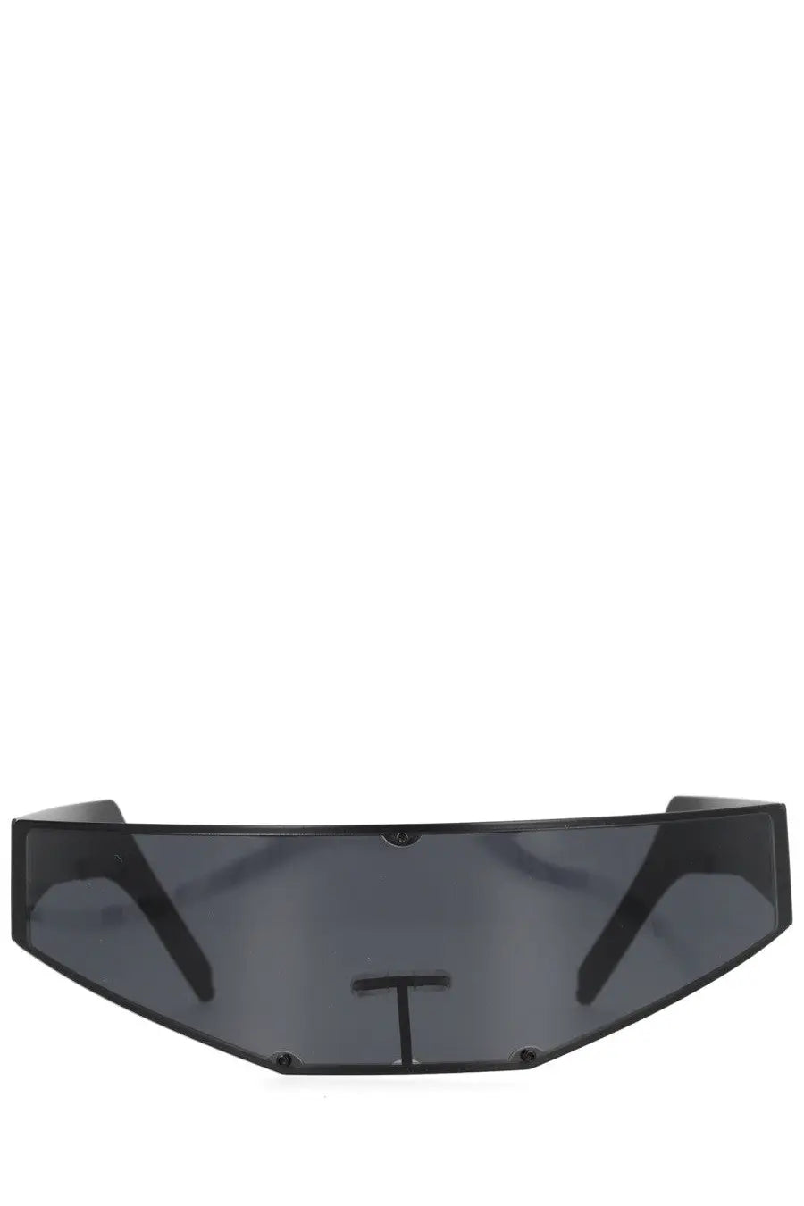 Rick Owens men’s cyclops sunglasses black with black translucent angular visor and central t-shaped cutout design