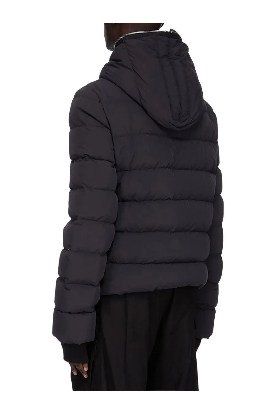 Rick Owens men’s black down jacket with quilted design and hood in a warm puffer style