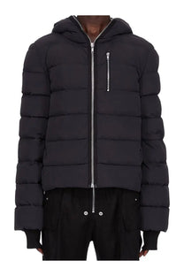 Rick Owens men’s black quilted down jacket with hood and silver zippers for cold weather protection