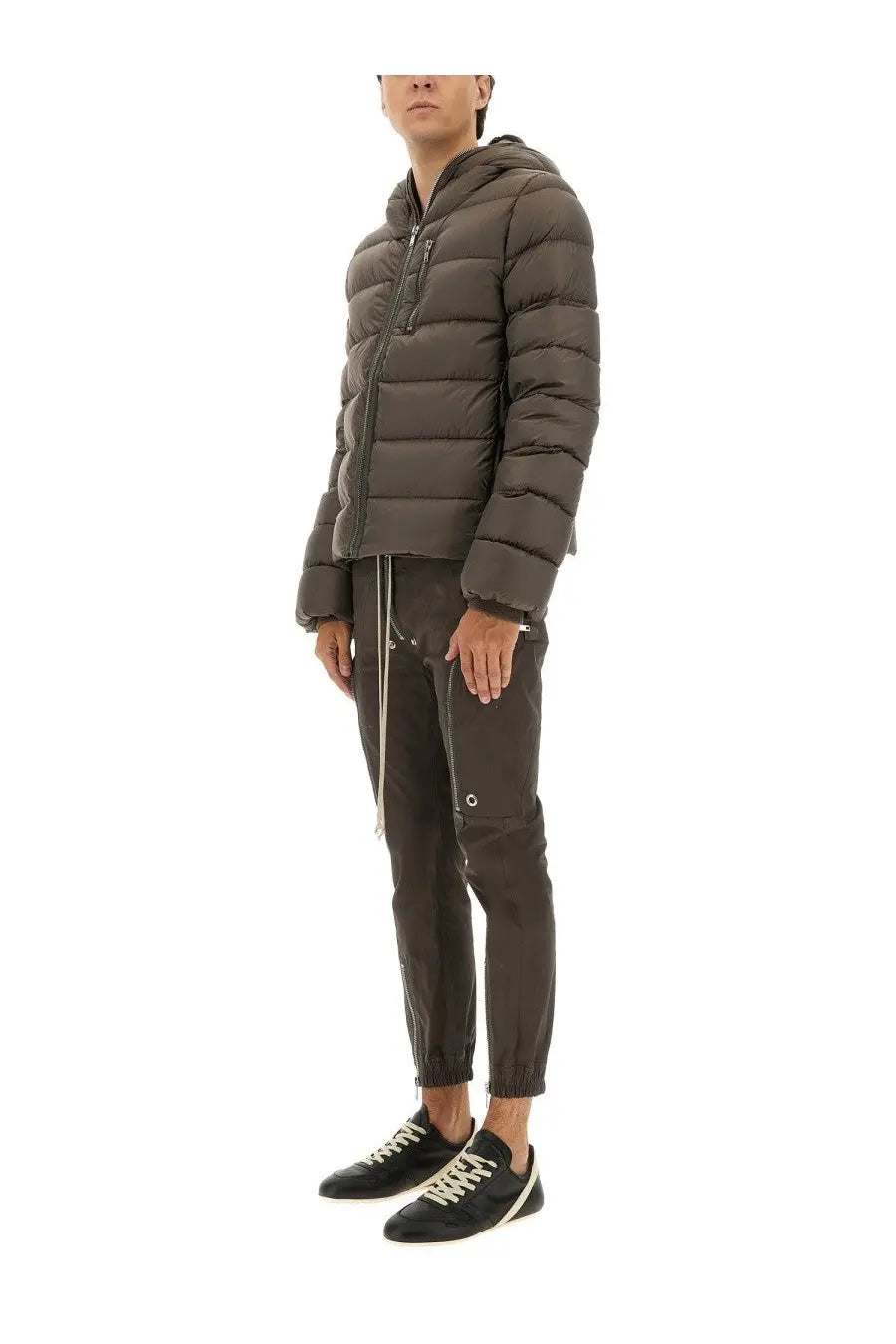 Rick Owens men’s down jacket gimp grey dark olive green quilted hooded puffer with front zipper and subtle stitching details