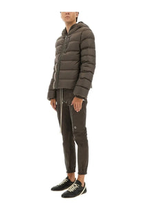 Rick Owens men’s down jacket gimp grey dark olive green quilted hooded puffer with front zipper and subtle stitching details