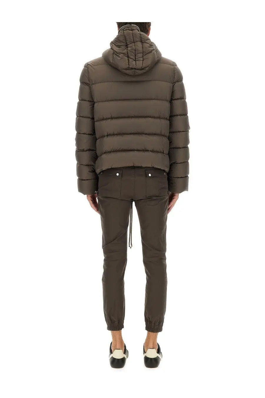 Rick Owens men’s dark olive green quilted hooded down puffer jacket with sleek modern design in gimp grey