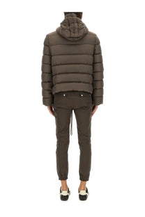 Rick Owens men’s dark olive green quilted hooded down puffer jacket with sleek modern design in gimp grey