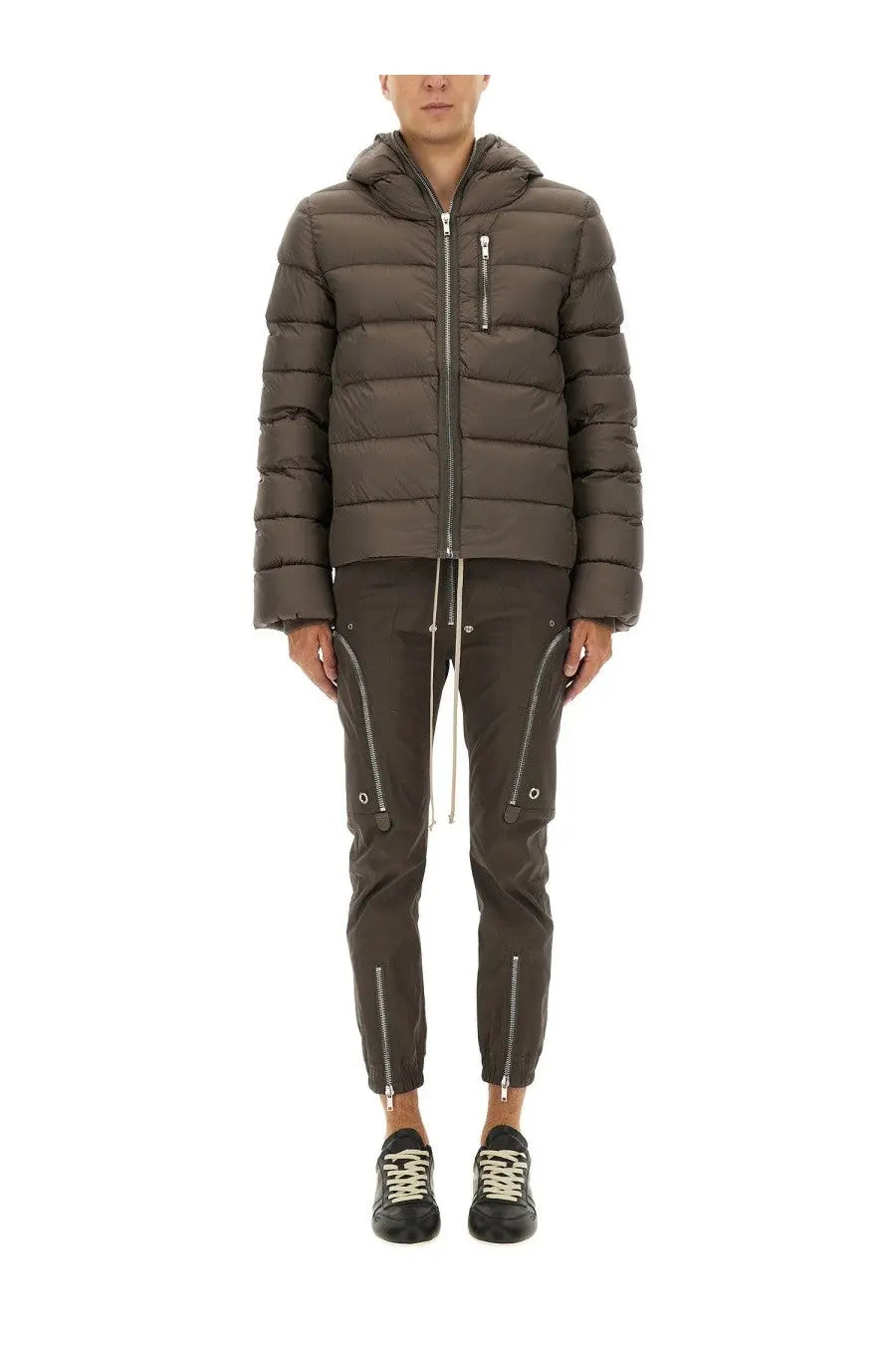 Rick Owens men’s down jacket gimp grey dark olive green quilted hooded puffer with silver zippers and drawstrings