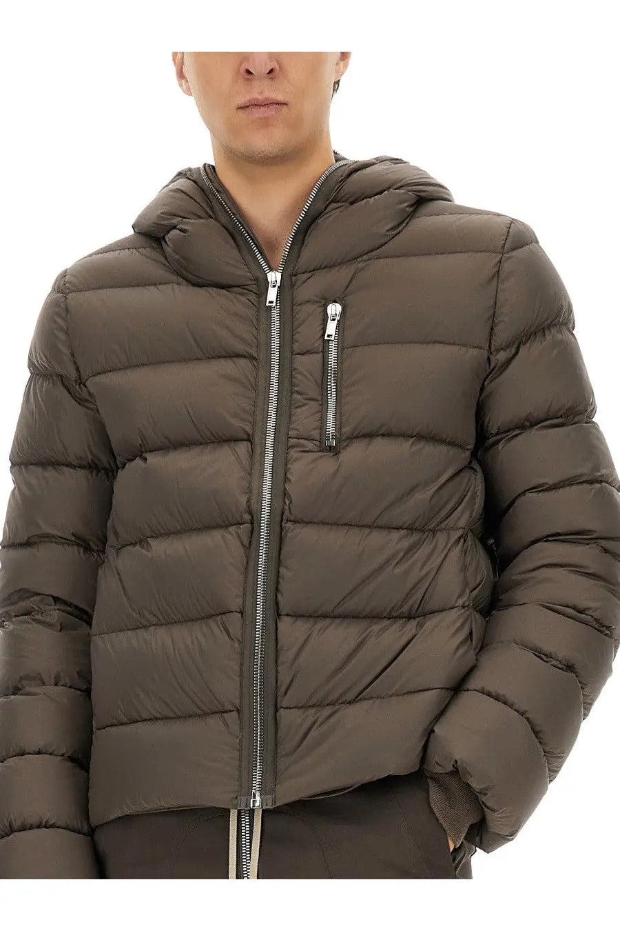 Rick Owens men’s down jacket in olive green quilted puffer style with hood and silver zippers