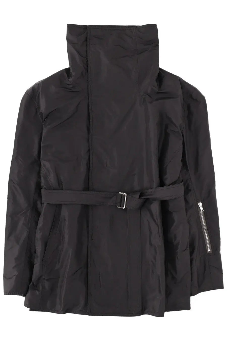 Rick Owens men’s dracucaban jacket black high-necked belted coat with sleek modern design and subtle sheen