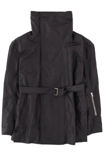 Rick Owens men’s dracucaban jacket black high-necked belted coat with sleek modern design and subtle sheen
