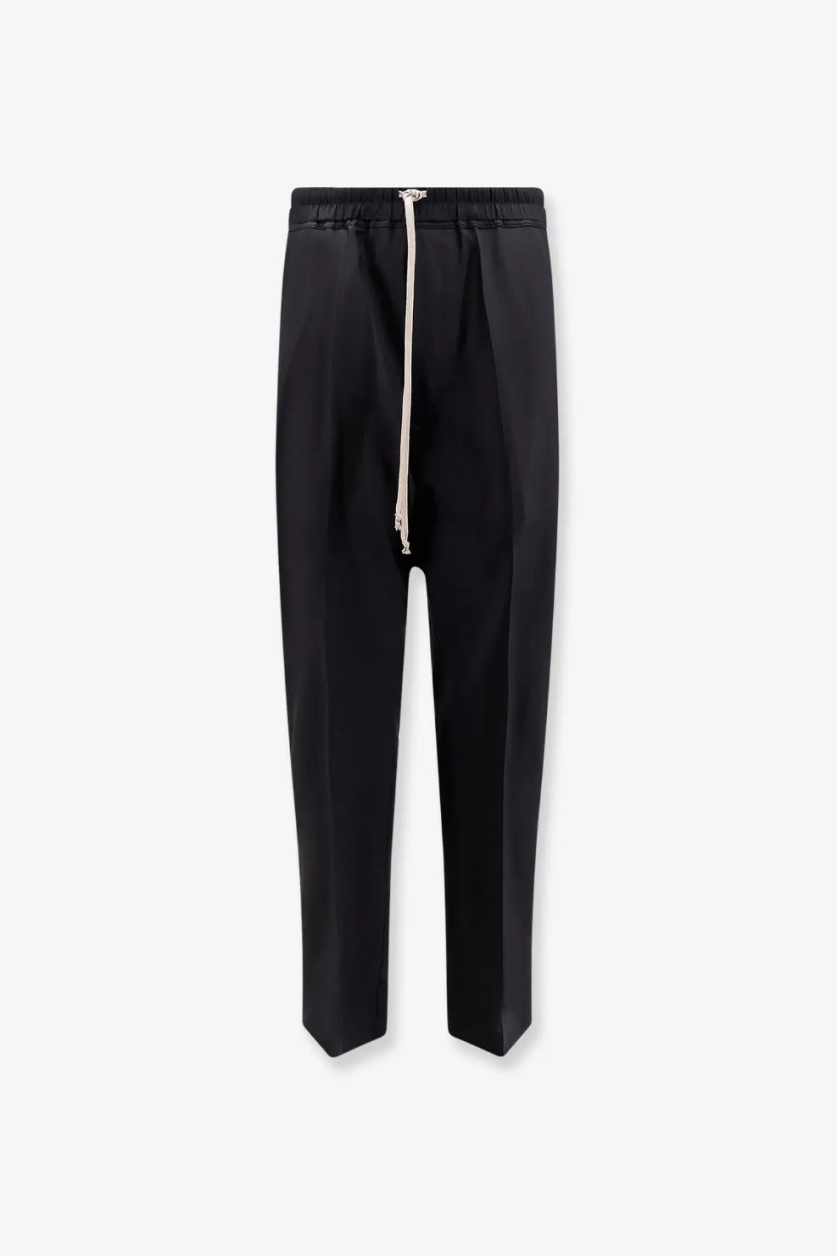 Rick Owens men’s black tapered trousers in certified virgin wool with white drawstring and elastic waistband