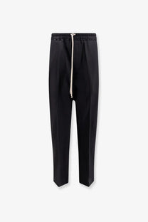 Rick Owens men’s black tapered trousers in certified virgin wool with white drawstring and elastic waistband