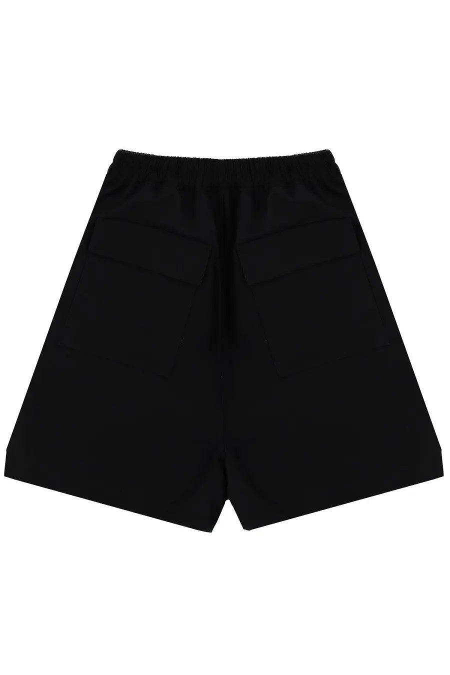 Back side of black rick owens men’s faun boxers shorts featuring elastic waistband and two rear pockets