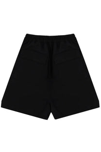 Back side of black rick owens men’s faun boxers shorts featuring elastic waistband and two rear pockets