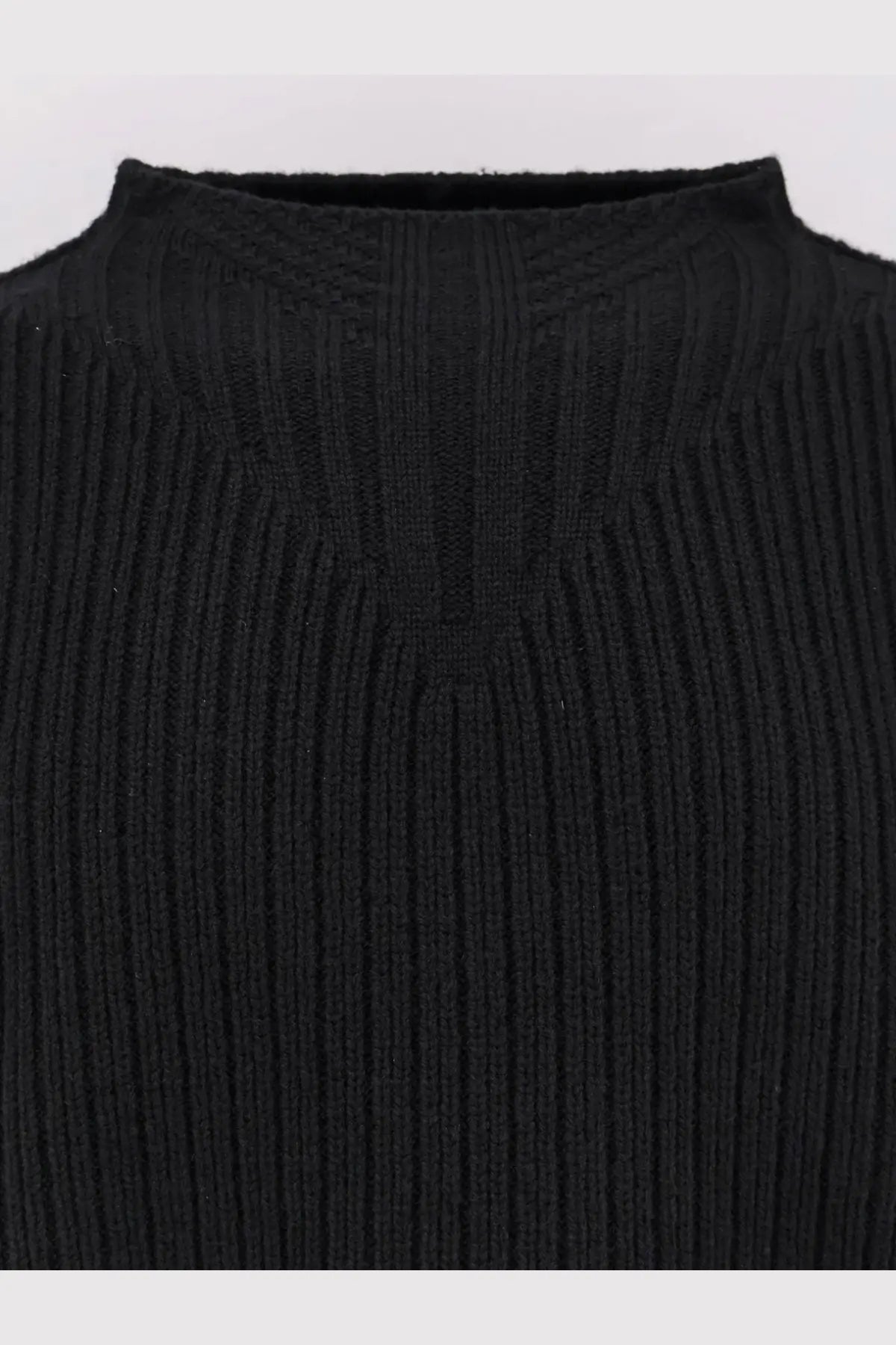 Rick Owens men’s black ribbed knit fisherman’s round neck sweater made of virgin wool with a high neck