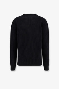 Rick Owens men’s black ribbed knit virgin wool sweater with crew neckline and long sleeves