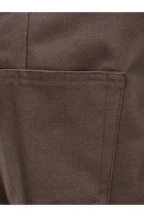 Brown canvas pocket with visible stitching and woven texture on rick owens mens geth recycled grey trousers back side