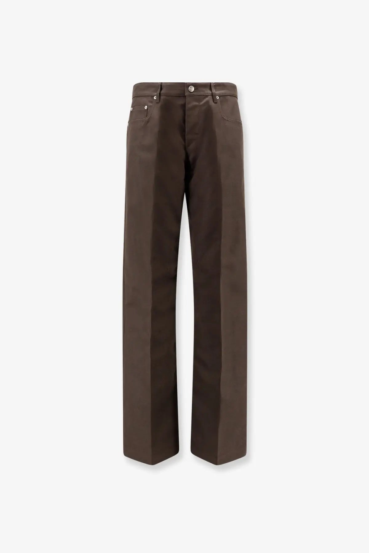 Brown straight-leg Rick Owens men’s trousers made from recycled material with a minimalist design and subtle stitching details