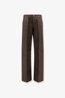 Brown straight-leg Rick Owens men’s trousers made from recycled material with a minimalist design and subtle stitching details