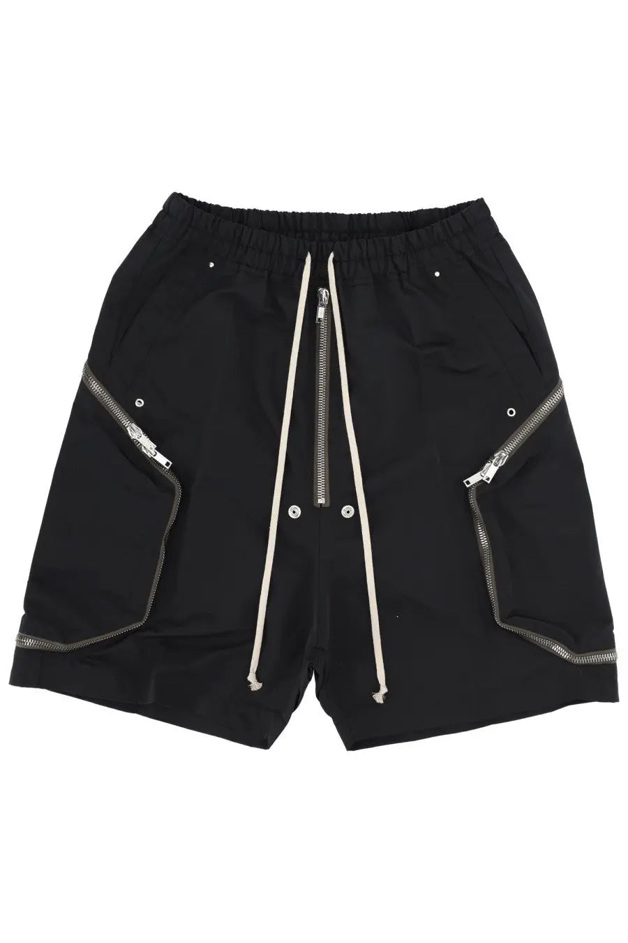 Rick Owens men’s heizer bela shorts in black with cream drawstrings and silver side zippers