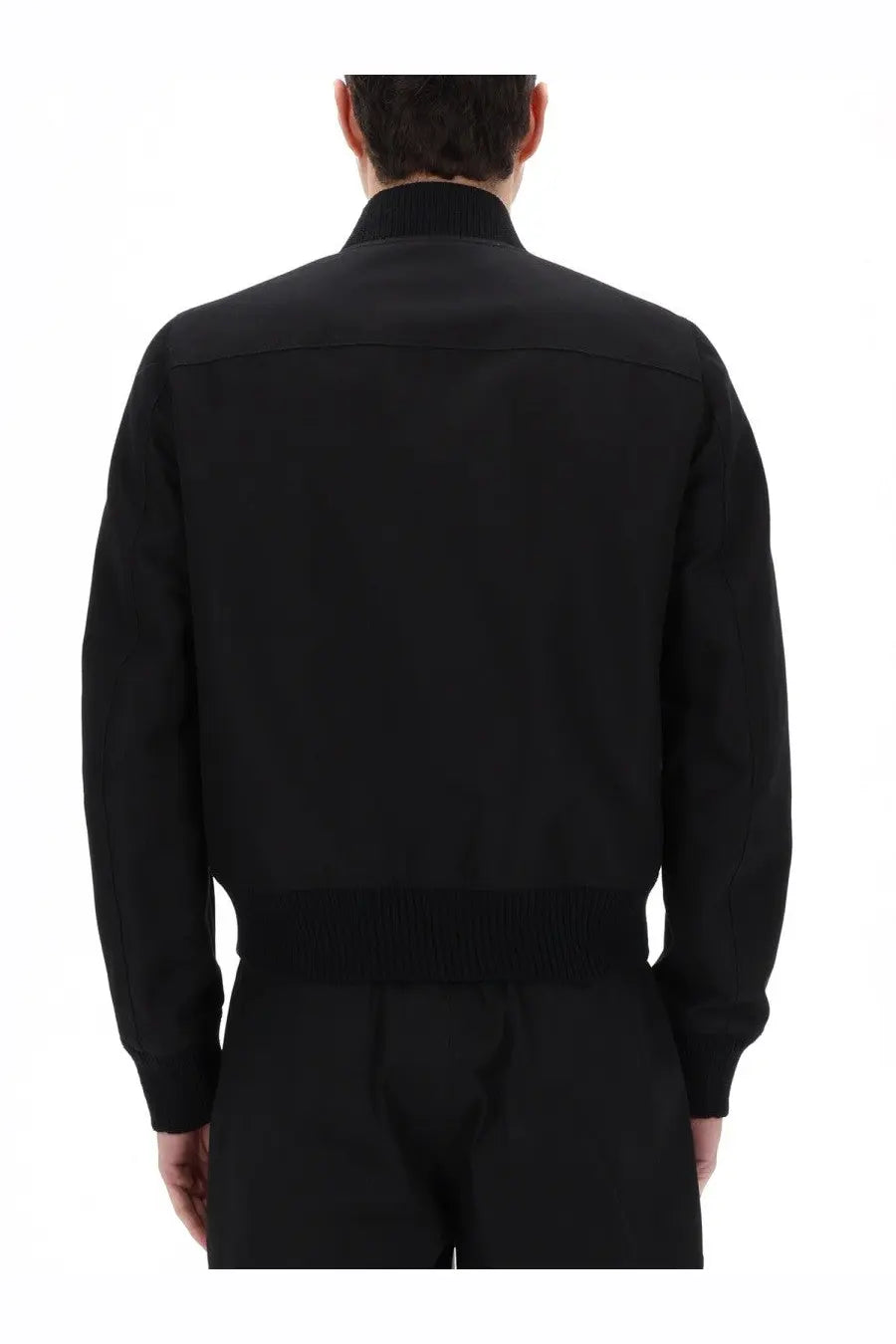 Rick Owens men’s Heizer flight jacket black bomber style with ribbed cuffs and waistband in leather material