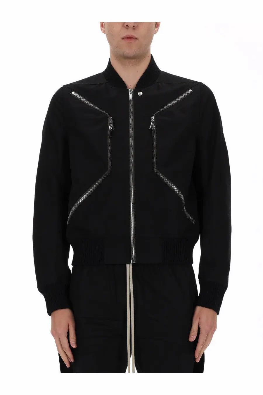 Rick Owens men’s Heizer flight jacket black bomber style with silver zippers and a high collar in leather material