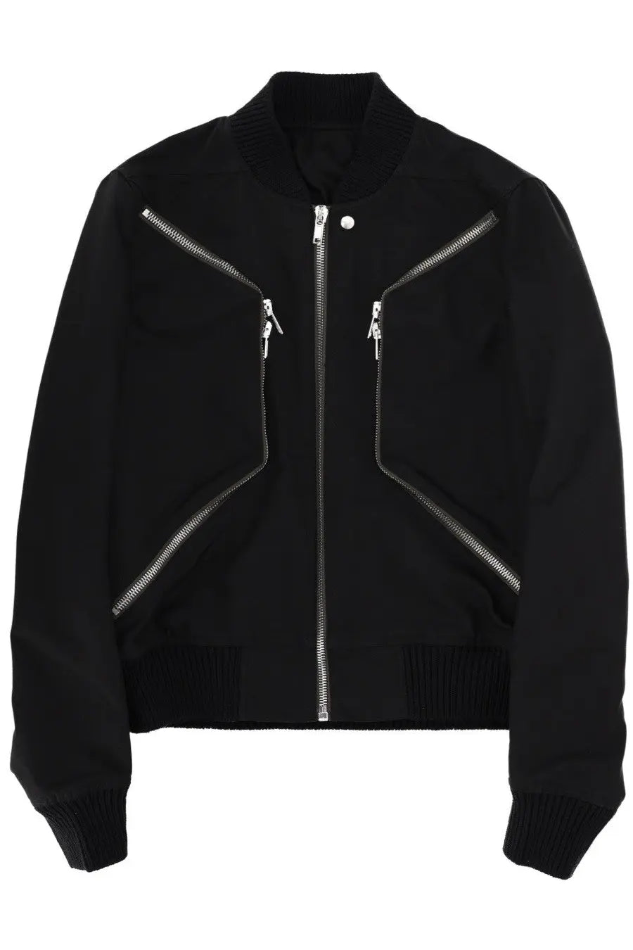 Rick Owens men’s Heizer flight jacket black bomber style with silver zippers and ribbed cuffs in leather material