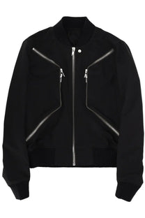 Rick Owens men’s Heizer flight jacket black bomber style with silver zippers and ribbed cuffs in leather material