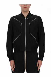 Rick Owens men’s Heizer flight jacket in black leather with silver zippers and a high collar shown from the back side