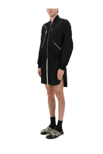 Rick Owens men’s Heizer flight jacket black bomber style with silver zippers and matching drawstring hem