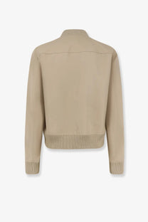 Beige bomber jacket with ribbed knit cuffs and hem made from organic cotton by Rick Owens for men