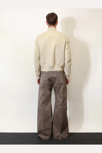 Rick Owens men’s heizer flight beige bomber jacket with ribbed cuffs and waistband made from organic cotton