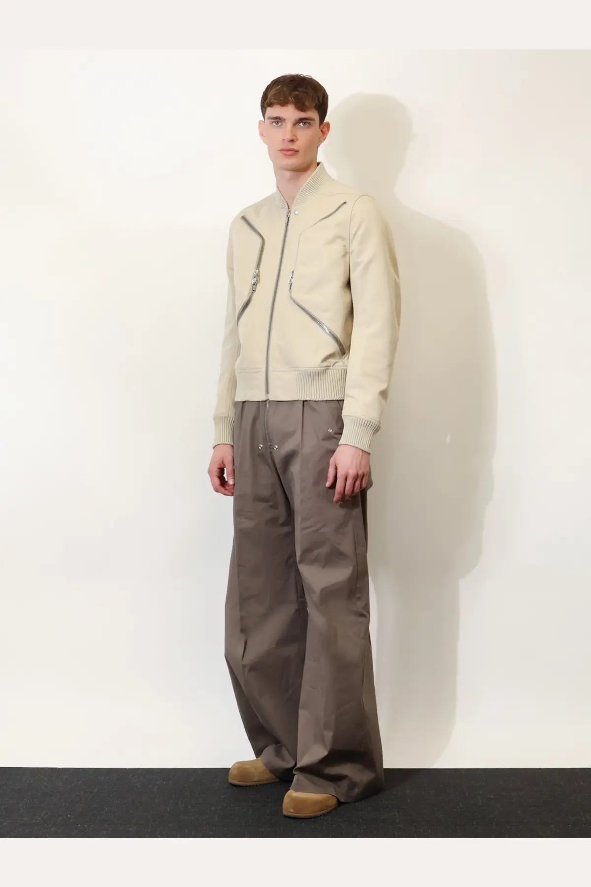 Rick Owens men’s heizer flight beige leather bomber jacket with silver zippers and ribbed cuffs organic cotton trim