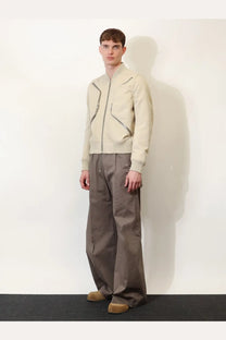 Rick Owens men’s heizer flight beige leather bomber jacket with silver zippers and ribbed cuffs organic cotton trim