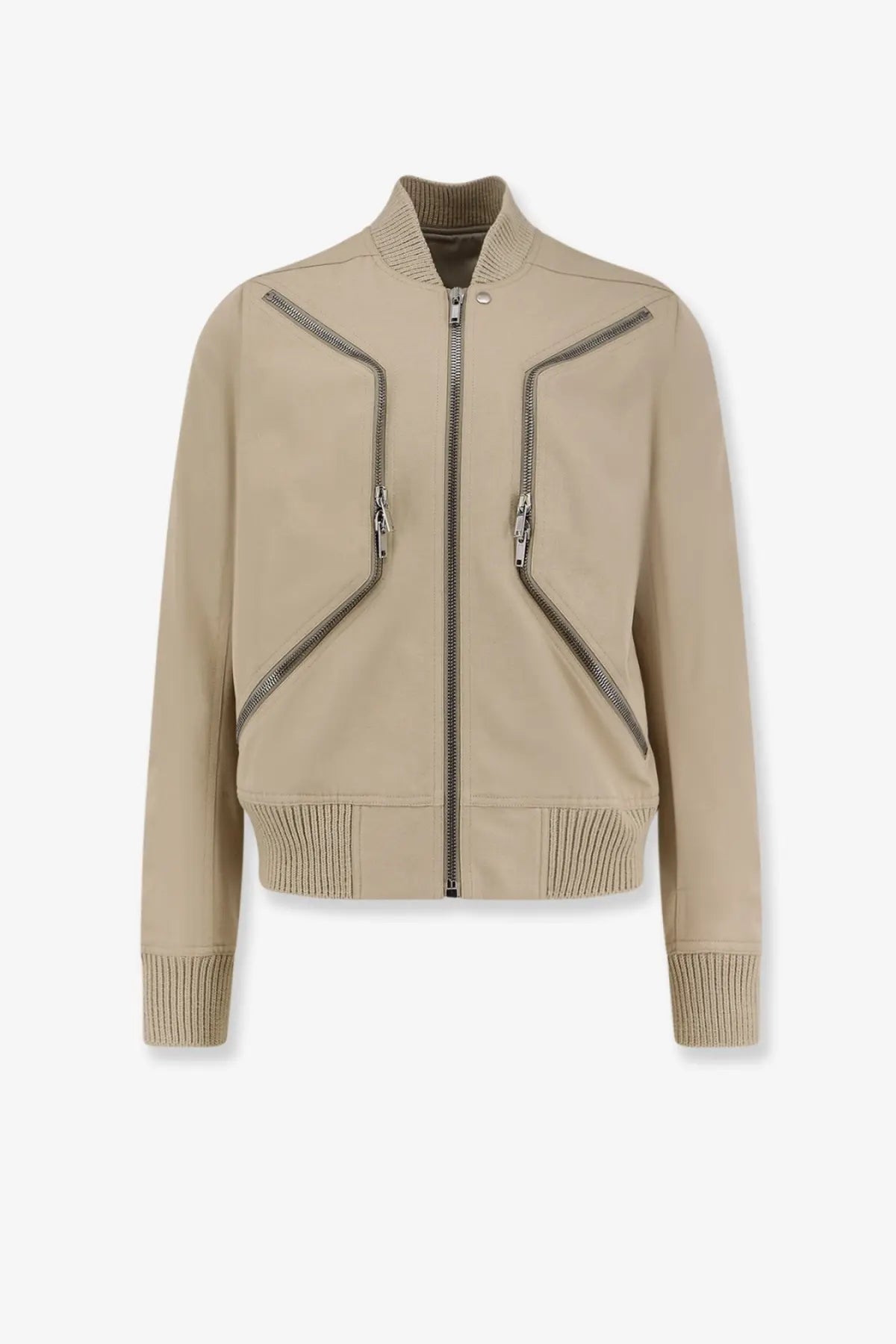 Beige leather bomber jacket with ribbed knit collar cuffs hem and diagonal chest zippers by Rick Owens Men’s Heizer Flight