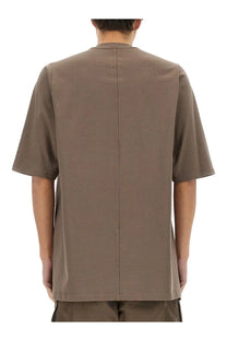 Back view of rick owens men’s jumbo beige t-shirt with muted brown color straight seam and clean stitching details