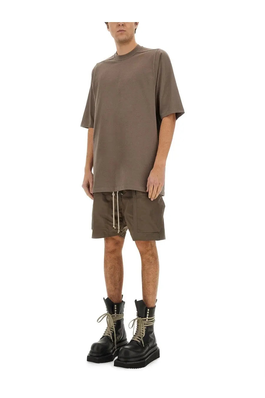 Rick Owens men’s jumbo shirt beige minimalist olive green oversized t-shirt with relaxed fit and subtle side seams