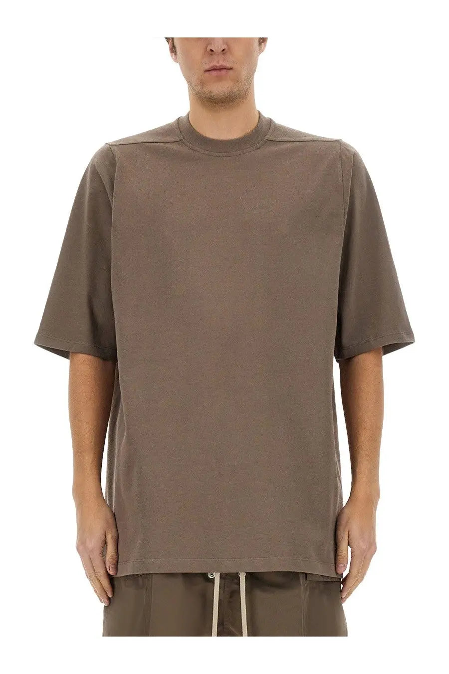 Rick Owens men’s jumbo shirt beige minimalist olive green short-sleeved t-shirt with relaxed fit and subtle seam detailing