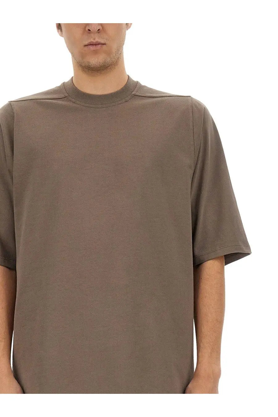 Rick owens men’s jumbo shirt beige minimalist olive green short-sleeved t-shirt with relaxed fit and subtle seam detailing