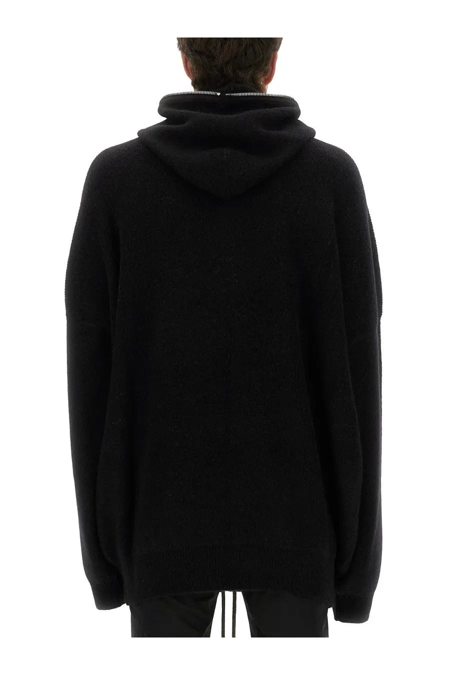 Rick Owens men’s black oversized knit sweatshirt with ribbed hood and cuffs made from knit fabric