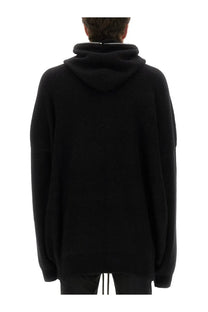 Rick Owens men’s black oversized knit sweatshirt with ribbed hood and cuffs made from knit fabric