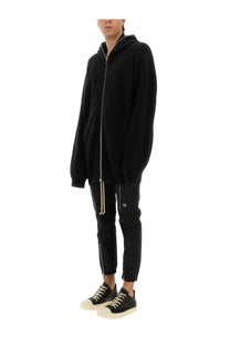 Rick Owens men’s black knit sweatshirt features an oversized zip-up hoodie with long sleeves and front zipper detail