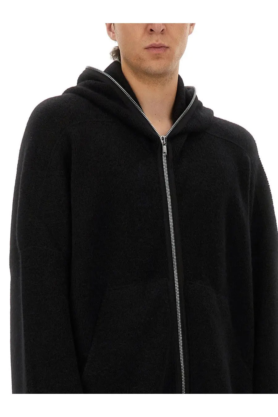 Rick owens men’s knit sweatshirt black zip-up hoodie with plush soft texture and contrasting silver zipper