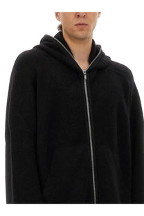 Rick owens men’s knit sweatshirt black zip-up hoodie with plush soft texture and contrasting silver zipper