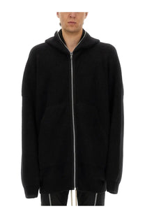 Rick Owens men’s knit sweatshirt black zip-up hoodie with silver zipper and matching drawstrings front view