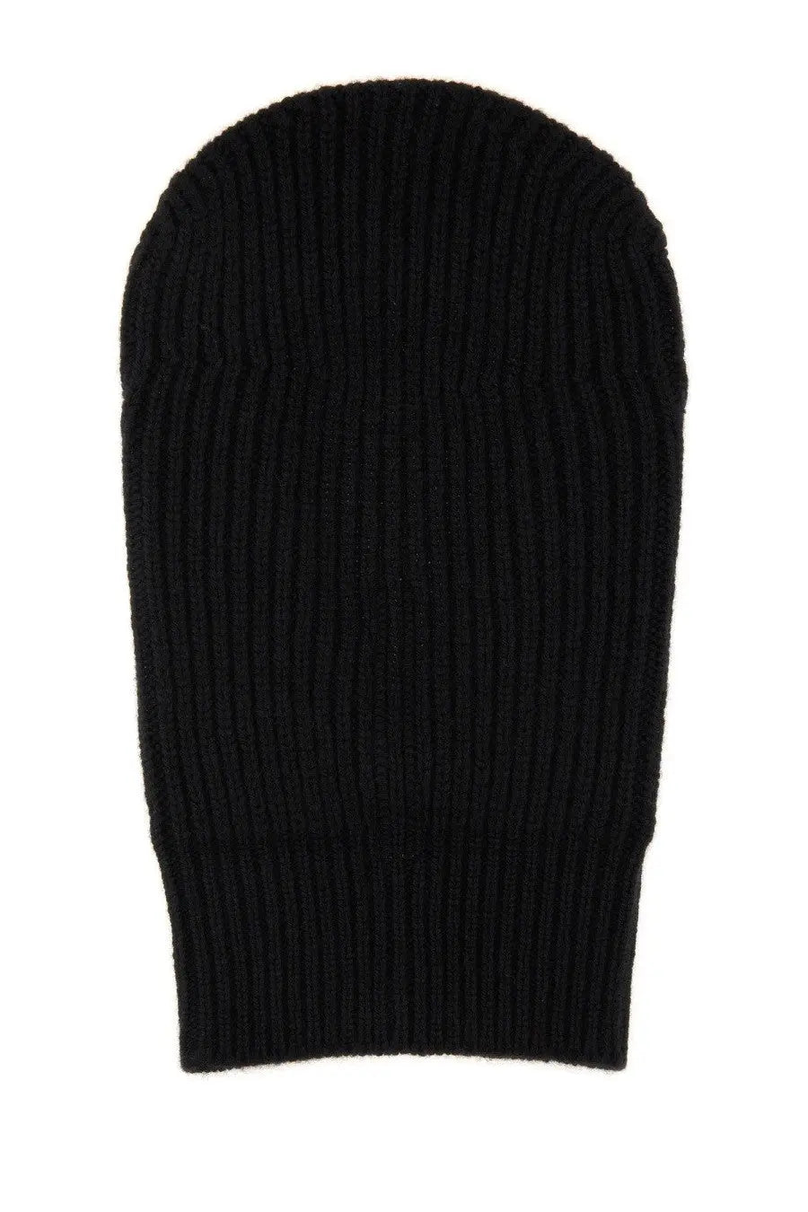 Rick Owens men’s knitted balaclava black ribbed knit beanie showcasing front view in soft knit material
