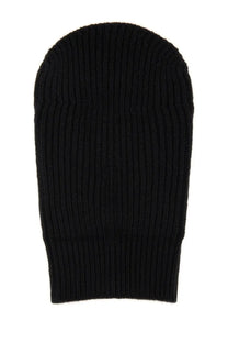 Rick Owens men’s knitted balaclava black ribbed knit beanie showcasing front view in soft knit material