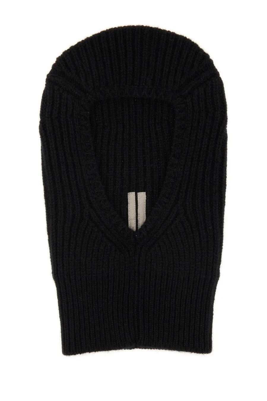 Rick Owens men’s black ribbed knit balaclava with a vertical white stripe detail at the center neckline
