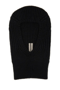 Rick Owens men’s black ribbed knit balaclava with a vertical white stripe detail at the center neckline