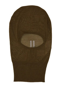 Rick owens men’s olive green knitted balaclava with ribbed hem and eye cutout in soft material