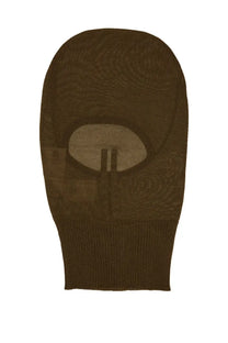 Rick Owens men’s brown knitted balaclava with subtle textured pattern and oval eye opening in knit material